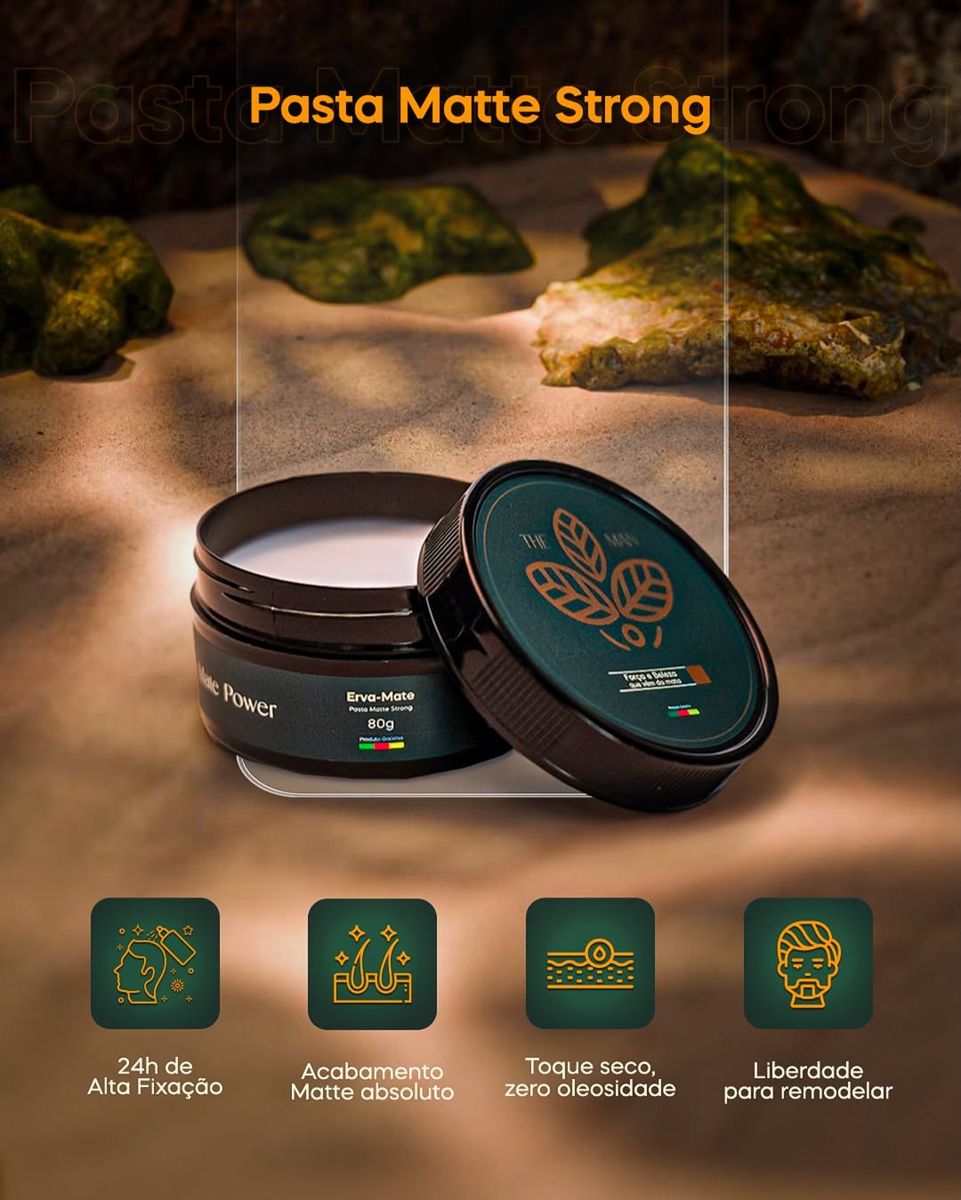 Pasta Matte Strong 80G Mate Power — pomada masculina com extrato de Erva-Mate Gaúcha, alta fixação e longa duração